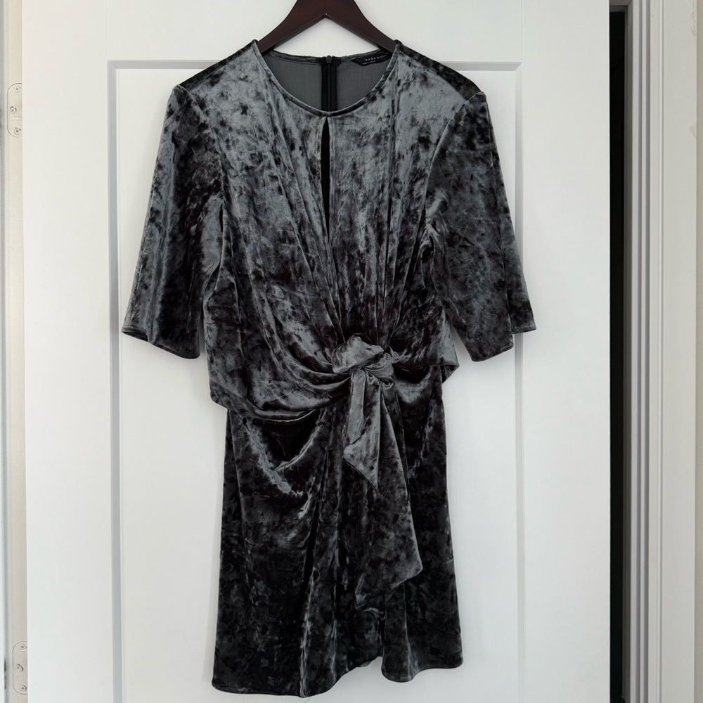 ZARA CRUSHED VELVET FRONT KNOT TUNIC DRESS IN GUNMETAL GRAY